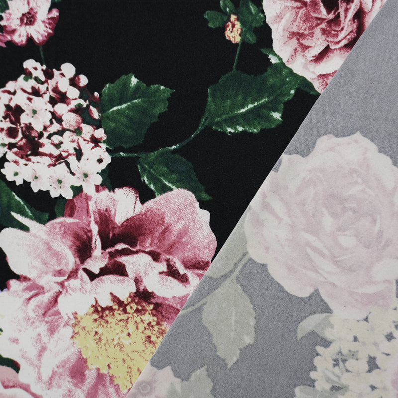 Black-Burgundy-Multi Poly Floral Double Brush Jersey Knit Fabric