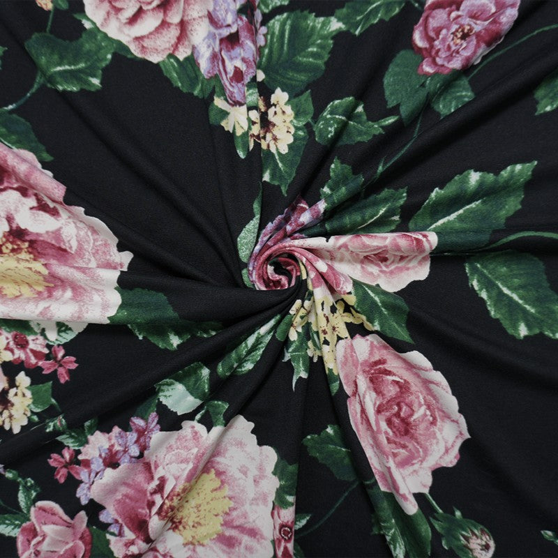 Black-Burgundy-Multi Poly Floral Double Brush Jersey Knit Fabric