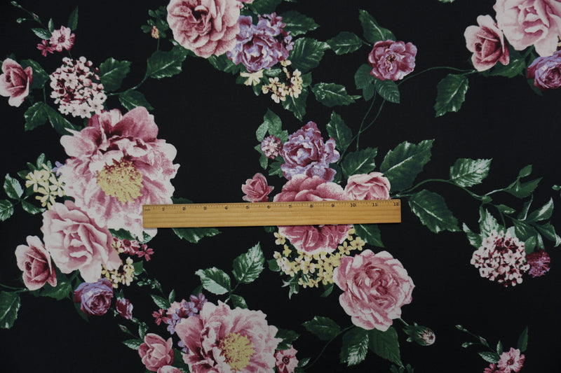 Black-Burgundy-Multi Poly Floral Double Brush Jersey Knit Fabric