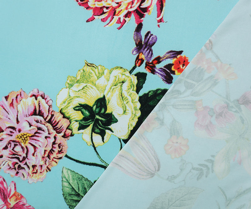 Teal-Pink-Multi Poly Floral Double Brushed Jersey Knit Fabric