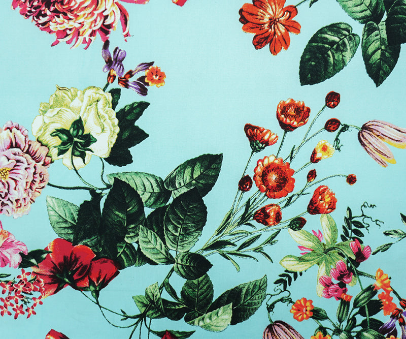 Teal-Pink-Multi Poly Floral Double Brushed Jersey Knit Fabric