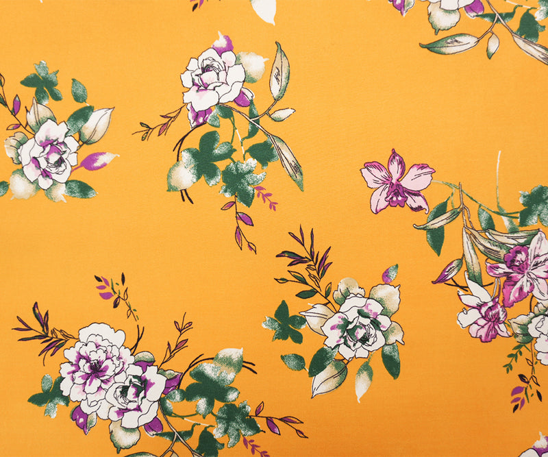 Yellow-White-Multi Poly Floral Double Brushed Jersey Knit Fabric