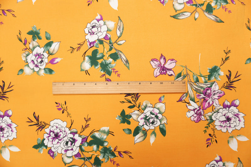 Yellow-White-Multi Poly Floral Double Brushed Jersey Knit Fabric