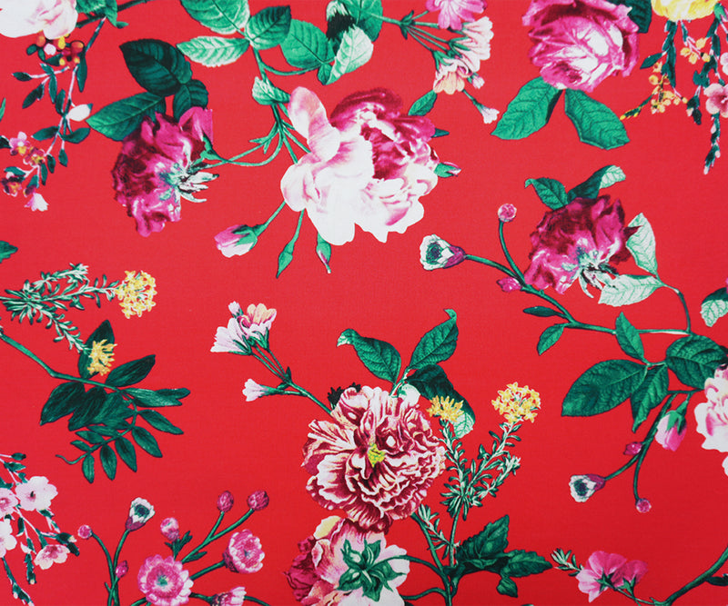 Red-Burgundy-Multi Poly Floral Double Brushed Jersey Knit Fabric