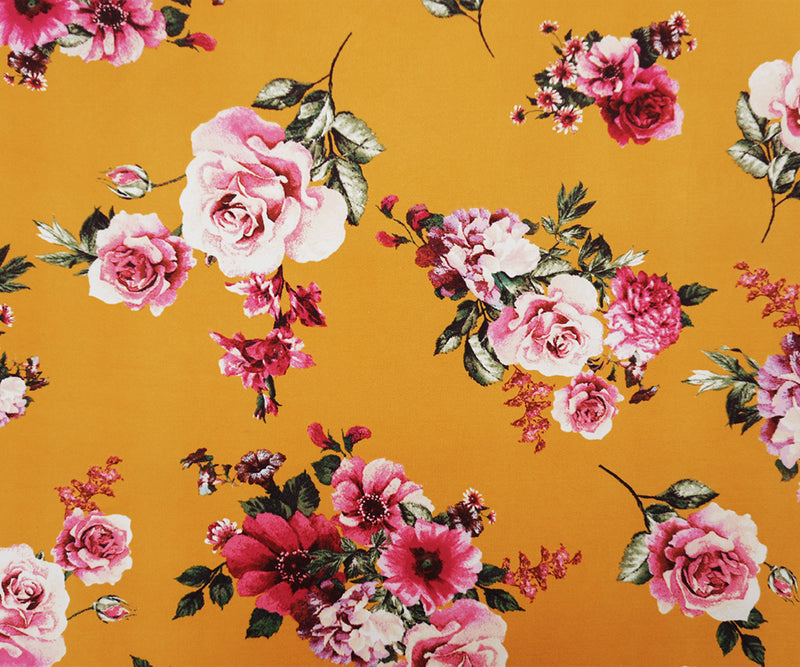 Yellow-Pink-Multi Poly Floral Double Brushed Jersey Knit Fabric