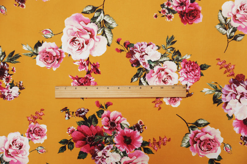 Yellow-Pink-Multi Poly Floral Double Brushed Jersey Knit Fabric
