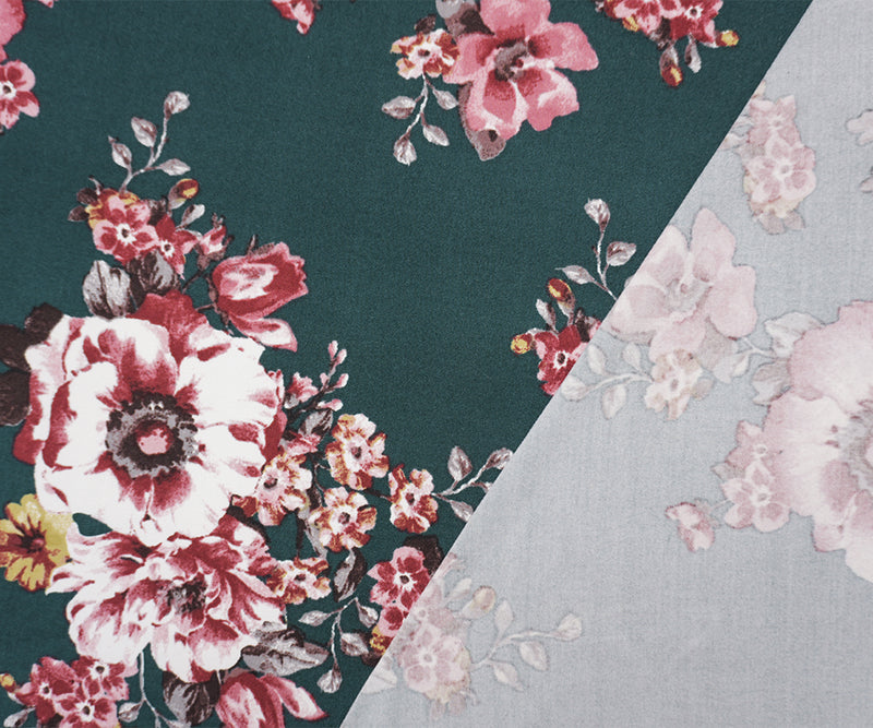 Deep Green-Red-Multi Poly Floral Double Brush Jersey Knit Fabric