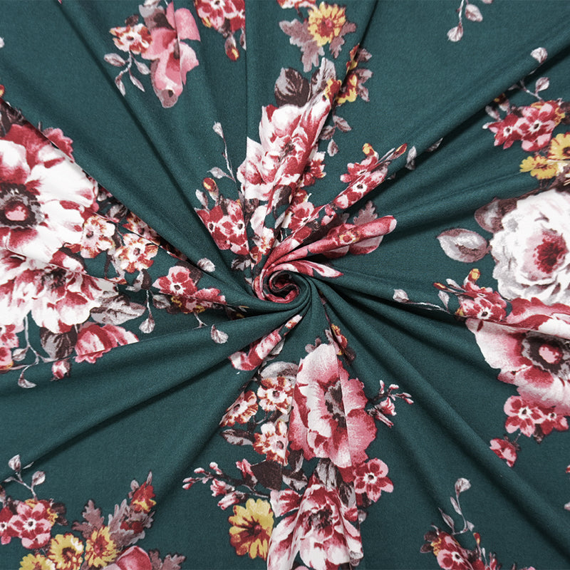 Deep Green-Red-Multi Poly Floral Double Brush Jersey Knit Fabric