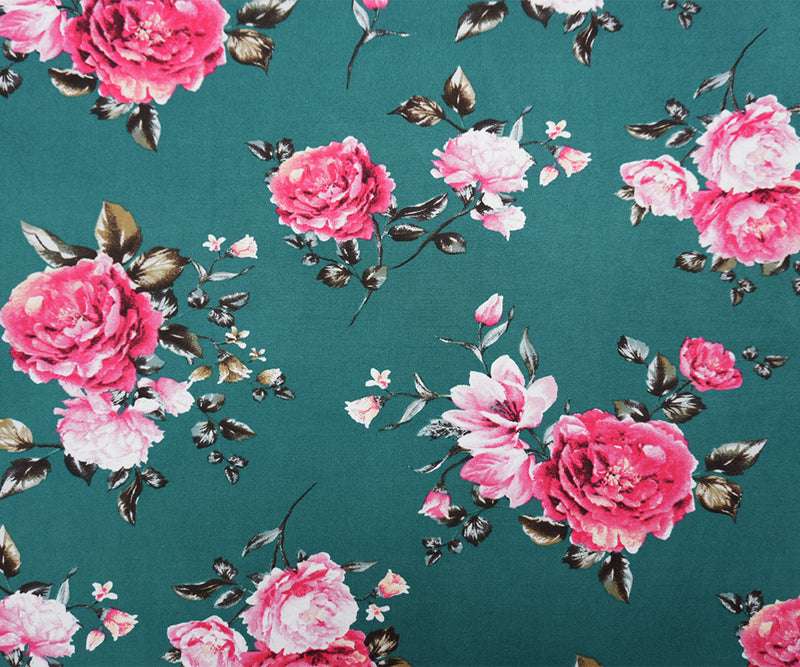 Green-Pink-Multi Poly Floral Double Brushed Jersey Knit Fabric