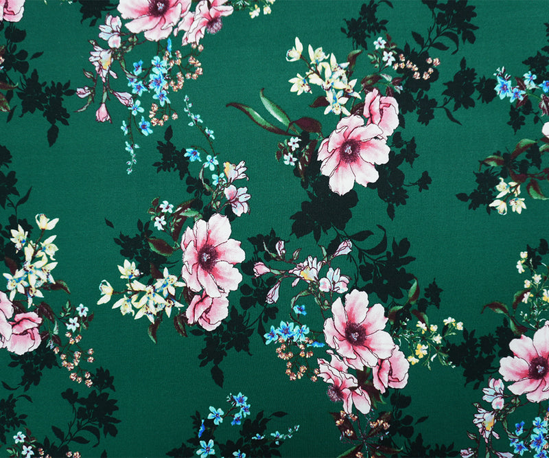 Green-Pink-Multi Poly Spandex Floral Printed Double Brushed Jersey Knit Fabric