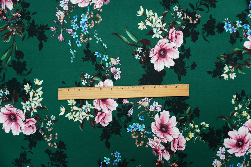 Green-Pink-Multi Poly Spandex Floral Printed Double Brushed Jersey Knit Fabric