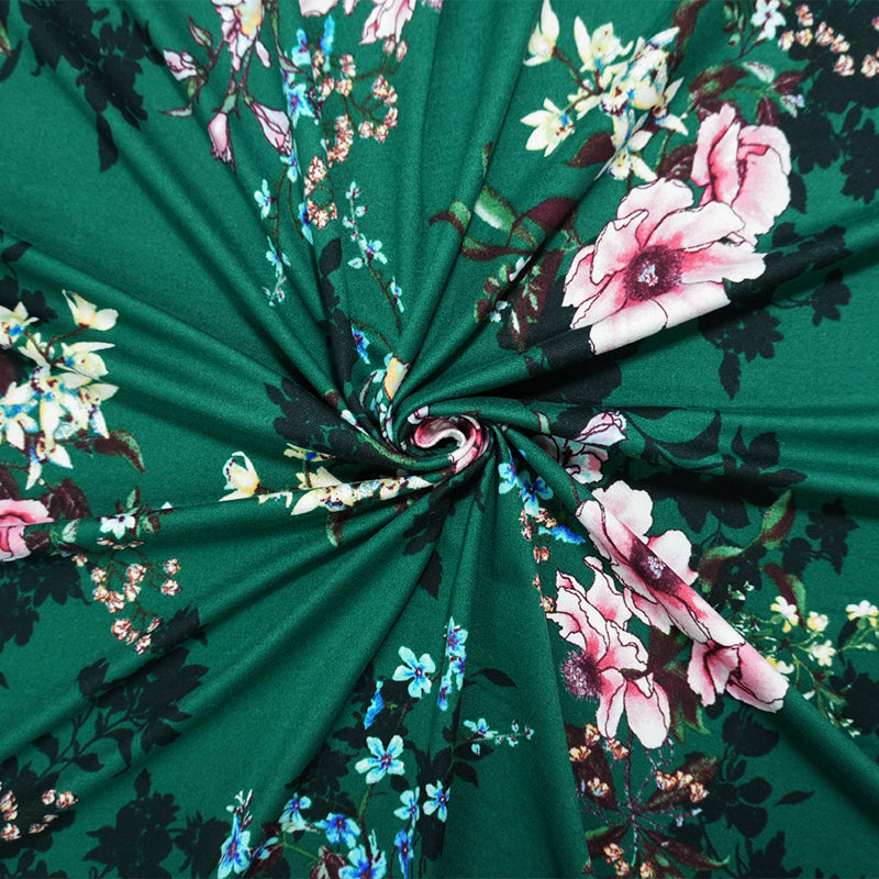 Green-Pink-Multi Poly Spandex Floral Printed Double Brushed Jersey Knit Fabric