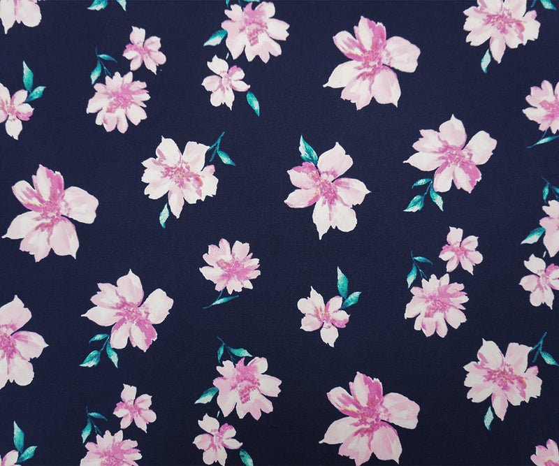 Deep Navy-Pink-Multi Poly Floral Double Brush Jersey Knit Fabric