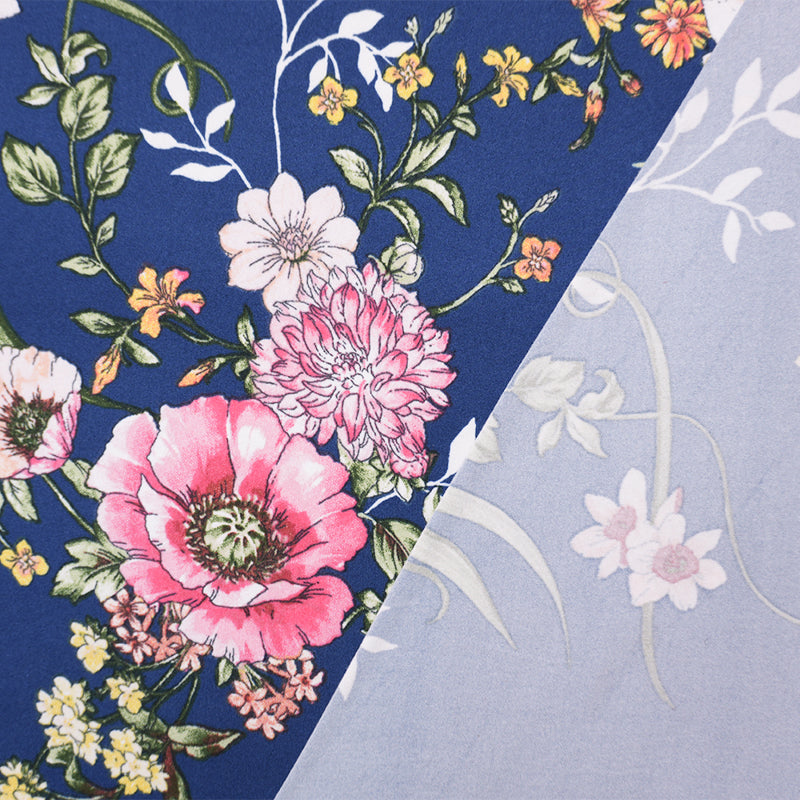 Blue-Pink-Multi Poly Floral Double Brushed Jersey Knit Fabric