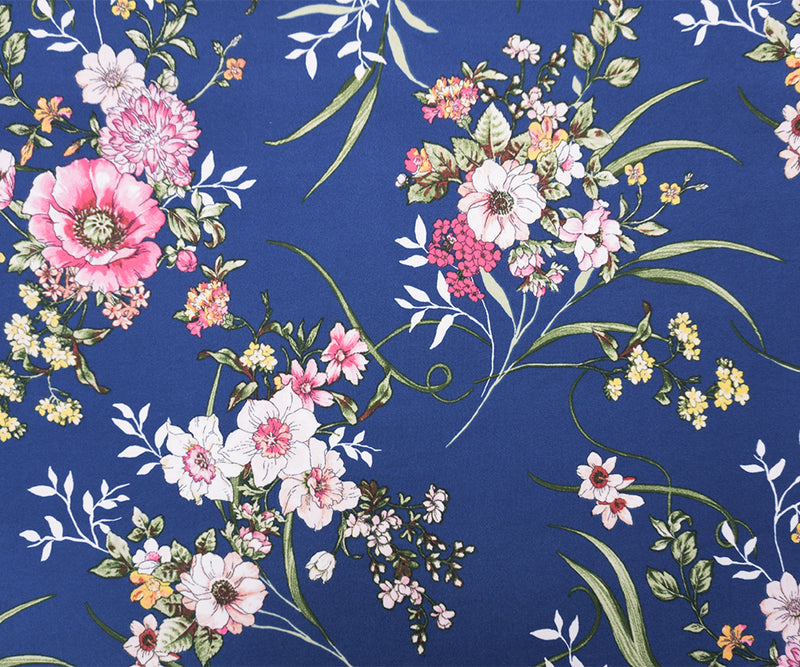 Blue-Pink-Multi Poly Floral Double Brushed Jersey Knit Fabric