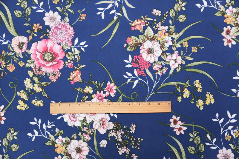 Blue-Pink-Multi Poly Floral Double Brushed Jersey Knit Fabric