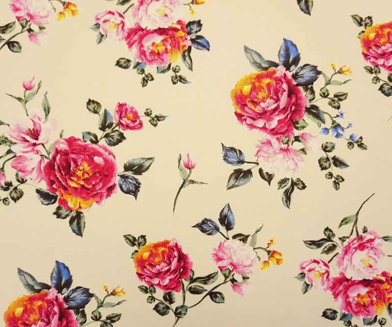 Beige-Red-Multi Poly Floral Double Brushed Jersey Knit Fabric
