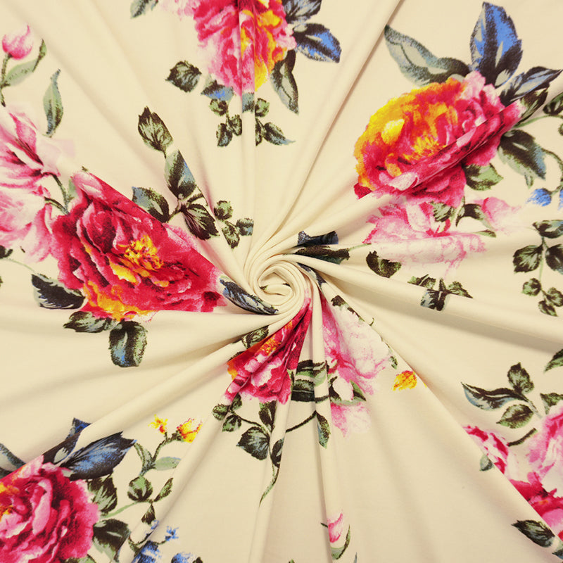 Beige-Red-Multi Poly Floral Double Brushed Jersey Knit Fabric