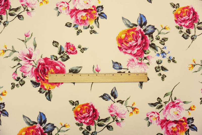 Beige-Red-Multi Poly Floral Double Brushed Jersey Knit Fabric