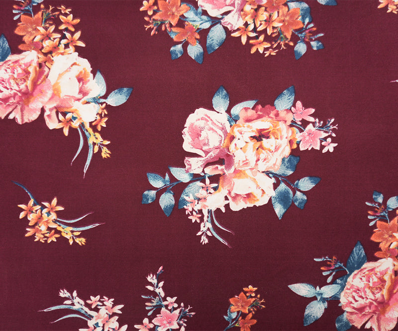 Burgundy-Pink-Multi Poly Floral Double Brushed Jersey Knit Fabric