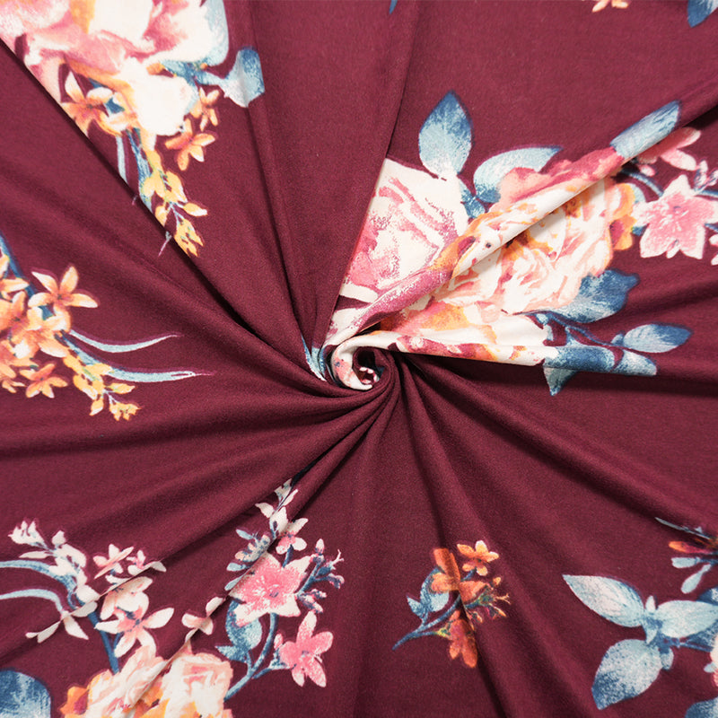Burgundy-Pink-Multi Poly Floral Double Brushed Jersey Knit Fabric
