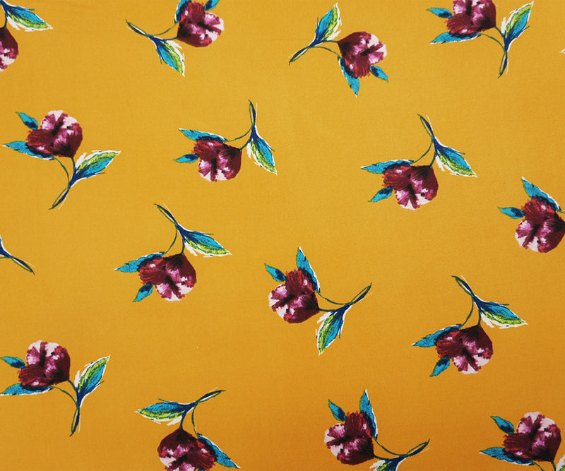 Yellow-Multi Poly Floral Double Brushed Jersey Knit Fabric