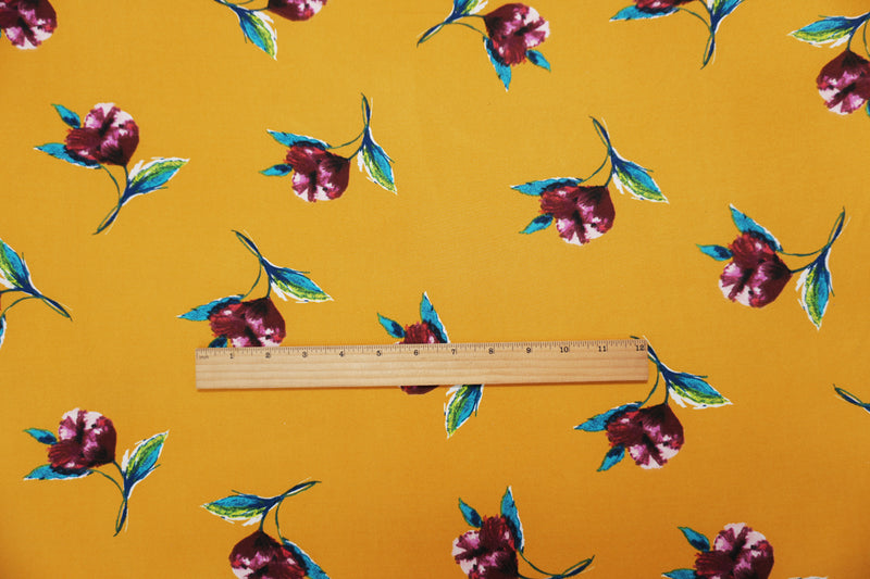 Yellow-Multi Poly Floral Double Brushed Jersey Knit Fabric