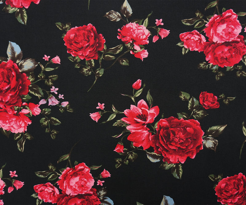Black-Red-Multi Poly Floral Double Brushed Jersey Knit Fabric