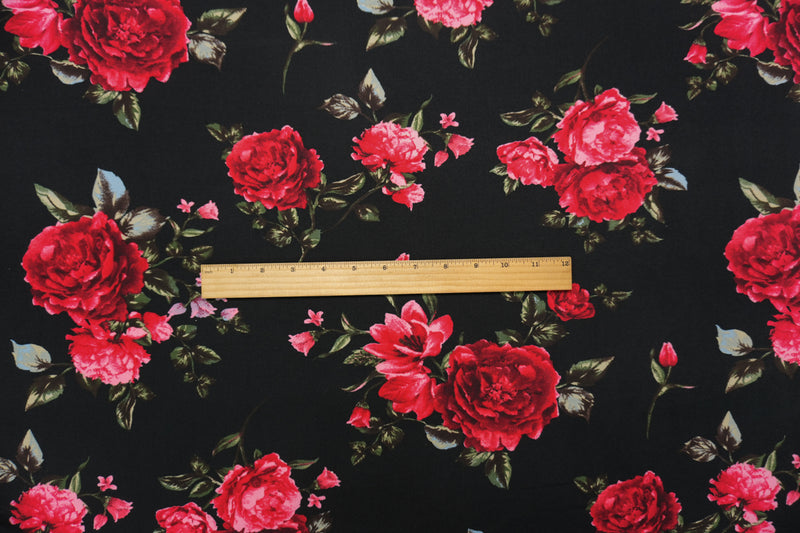 Black-Red-Multi Poly Floral Double Brushed Jersey Knit Fabric