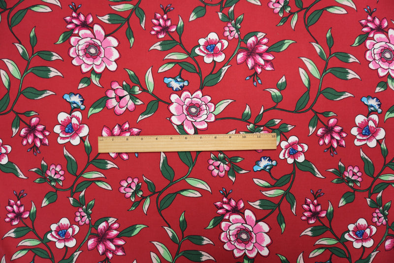 Red-Pink-Multi Poly Floral Double Brushed Jersey Knit Fabric