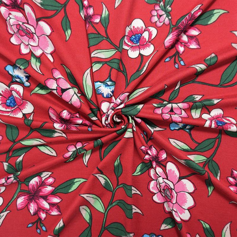 Red-Pink-Multi Poly Floral Double Brushed Jersey Knit Fabric
