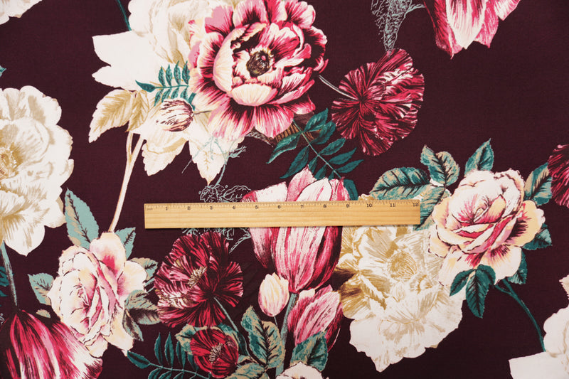 Deep Purple-Multi Poly Floral Double Brushed Jersey Knit Fabric