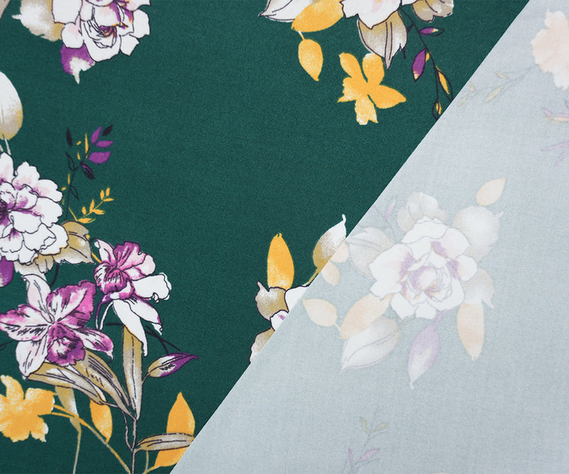Green-Purple-Multi Poly Floral Double Brushed Jersey Knit Fabric
