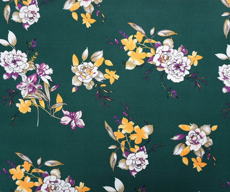 Green-Purple-Multi Poly Floral Double Brushed Jersey Knit Fabric