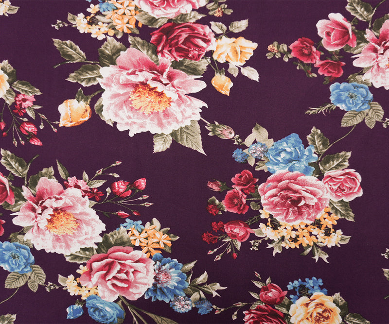 Deep Purple-Multi Poly Floral Double Brushed Jersey Knit Fabric