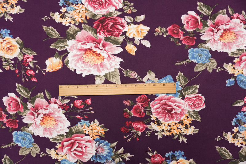 Deep Purple-Multi Poly Floral Double Brushed Jersey Knit Fabric