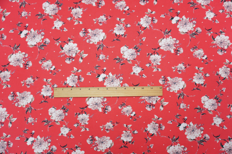 Red-Brown-Multi Poly Floral Double Brushed Jersey Knit Fabric