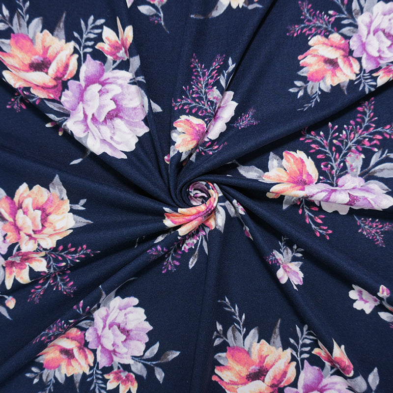 Navy-Purple-Multi Poly Floral Double Brushed Jersey Knit Fabric