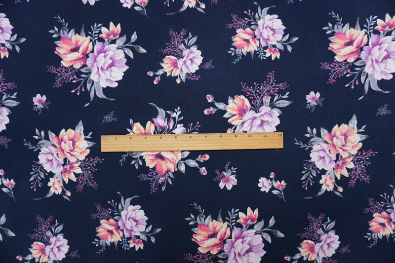 Navy-Purple-Multi Poly Floral Double Brushed Jersey Knit Fabric