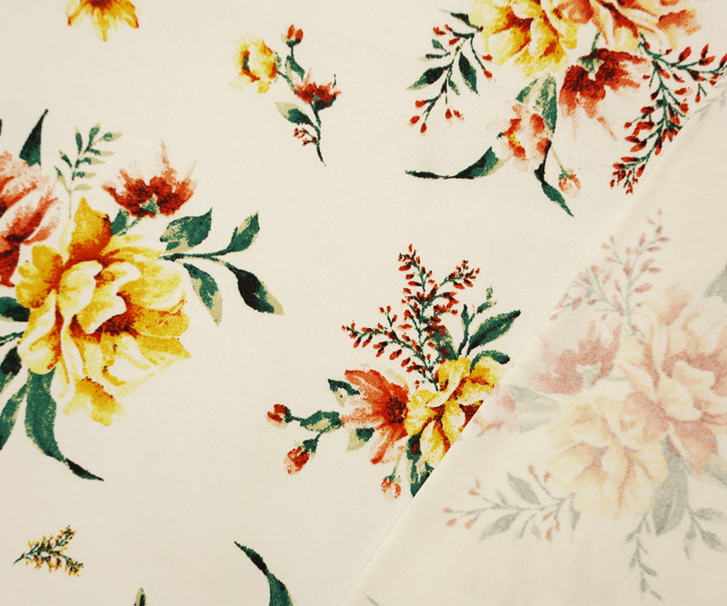 Ivory-Orange-Multi Poly Floral Double Brushed Jersey Knit Fabric