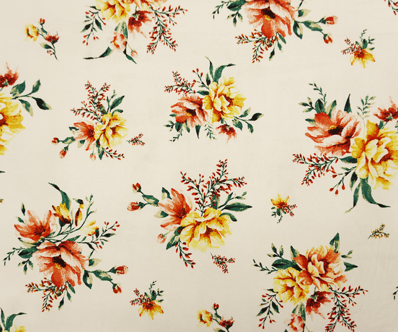 Ivory-Orange-Multi Poly Floral Double Brushed Jersey Knit Fabric