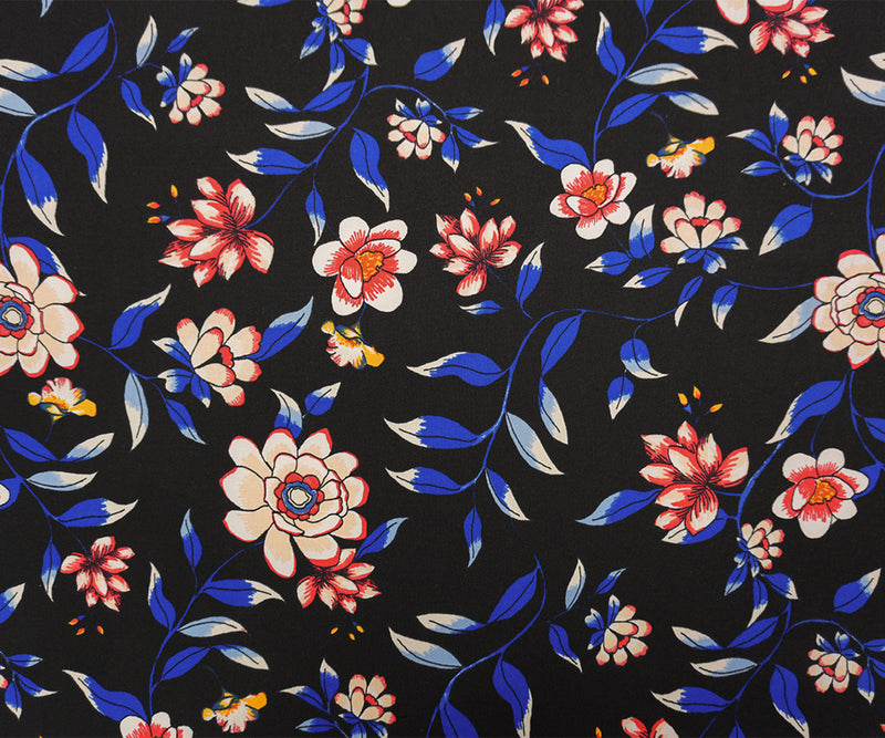 Black-Blue-Red Poly Floral Double Brushed Jersey Knit Fabric
