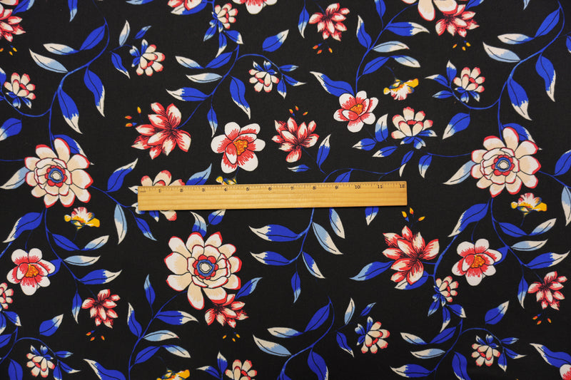 Black-Blue-Red Poly Floral Double Brushed Jersey Knit Fabric