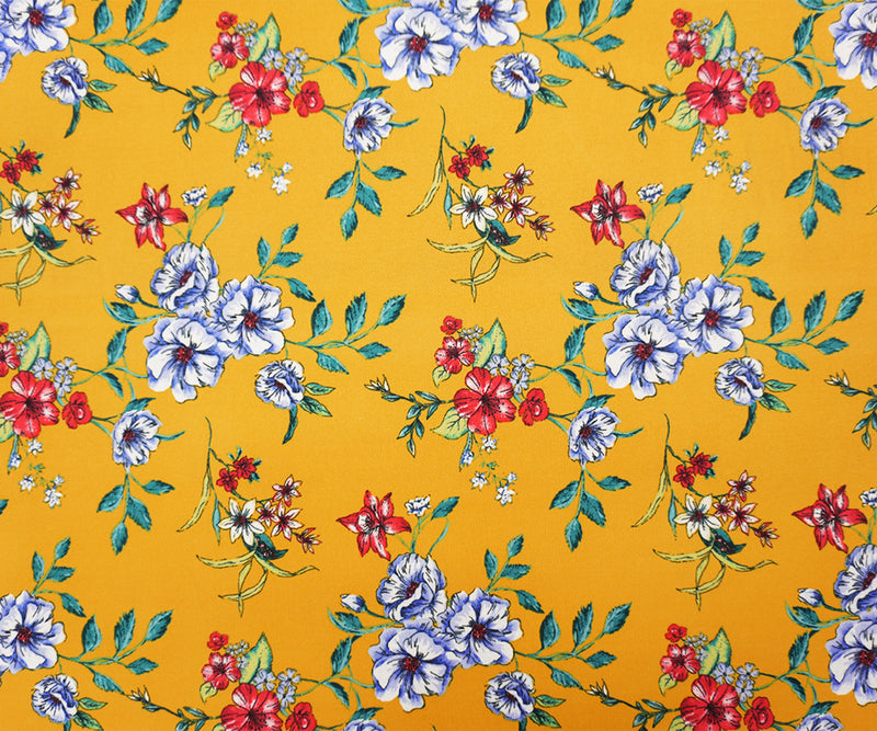 Yellow-Blue-Multi Poly Floral Double Brushed Jersey Knit Fabric