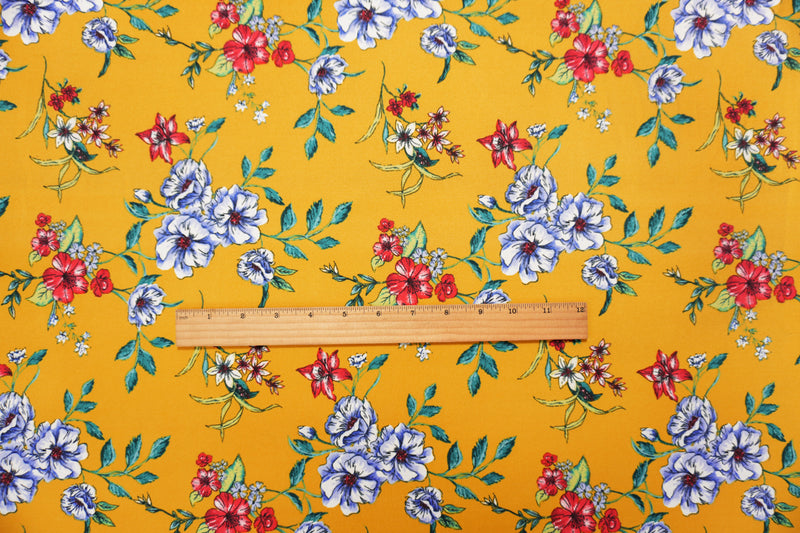 Yellow-Blue-Multi Poly Floral Double Brushed Jersey Knit Fabric