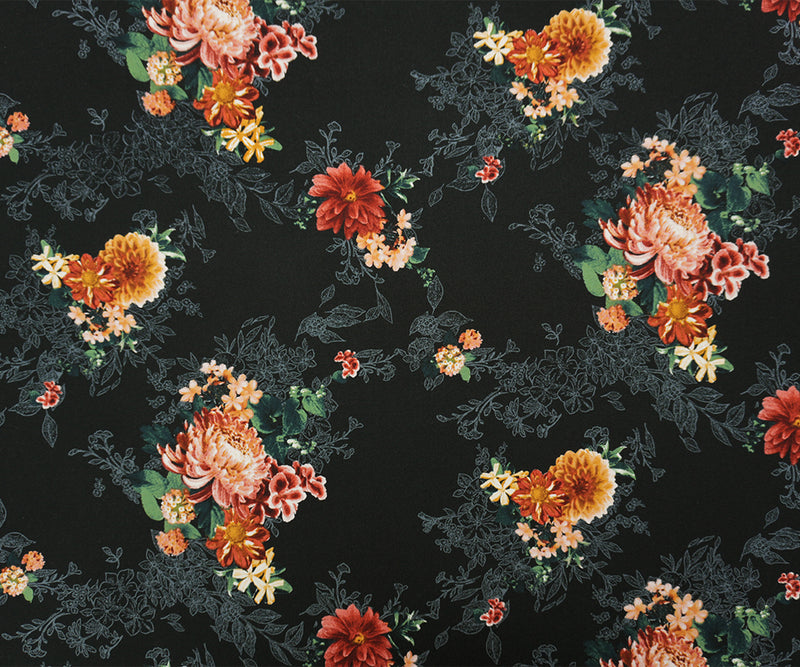 Black-Brown-Multi Poly Floral Double Brushed Jersey Knit Fabric