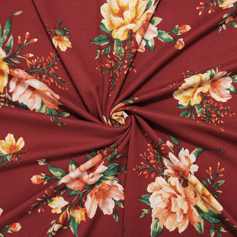 Maroon Red-Multi Poly Floral Double Brushed Jersey Knit Fabric