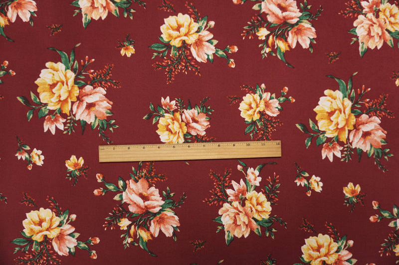 Maroon Red-Multi Poly Floral Double Brushed Jersey Knit Fabric