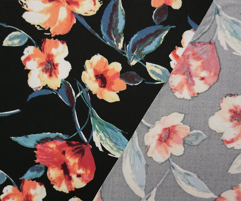 Black-Orange-Multi Poly Floral Double Brushed Jersey Knit Fabric