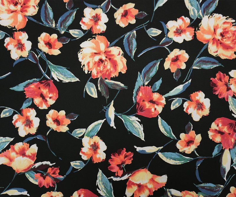Black-Orange-Multi Poly Floral Double Brushed Jersey Knit Fabric